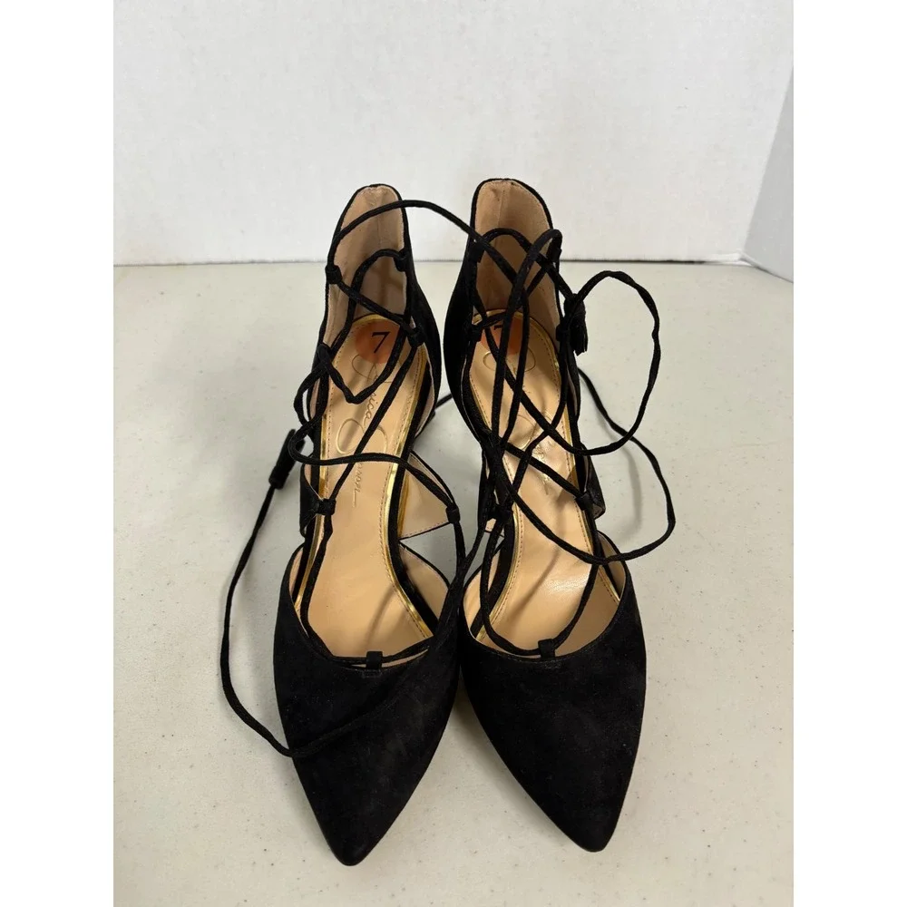 Jessica Simpson Womens Black Lace Up Tassel Ghillie Pointed Toe Stiletto Heels 7